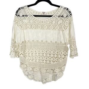 Miss Kelly 1999 Cream Small S Open Knit Crochet 3/4 Sleeve Top Knit Lace Sheer